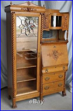 Antique Oak Side By Side Secretary Bookcase Desk With Leaded Glass