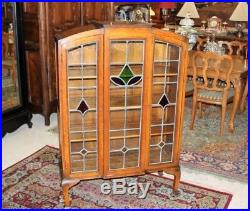 English Antique Oak Leaded Glass Arts Crafts Bureau Bookcase