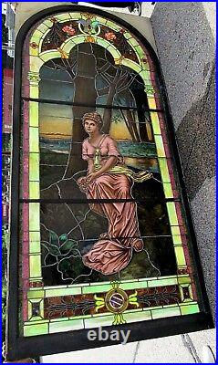 10.5' MONUMENTAL JEWELED ANTIQUE STAINED GLASS WINDOW Circa 1900