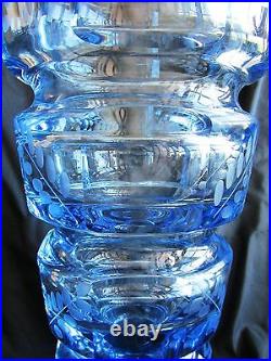 10 Bohemian HAND-ENGRAVED FACETED BLUE CUT-GLASS LEAD FREE CRYSTAL VASE MOSER