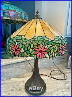 1910 Large Handel/Unique Poinsettia Leaded Glass Shade and Base, 26 T x 18 W