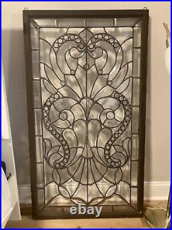 1920's Art Nouveau Textured Beveled Leaded Glass Window in Wood Frame 50.5x28.5