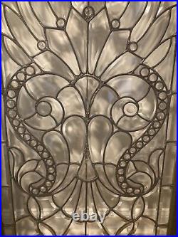 1920's Art Nouveau Textured Beveled Leaded Glass Window in Wood Frame 50.5x28.5