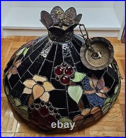 1920s Tiffany Style Slag Leaded Stained Glass Hanging Pendant Fruit Chandelier