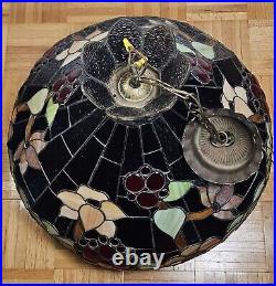 1920s Tiffany Style Slag Leaded Stained Glass Hanging Pendant Fruit Chandelier