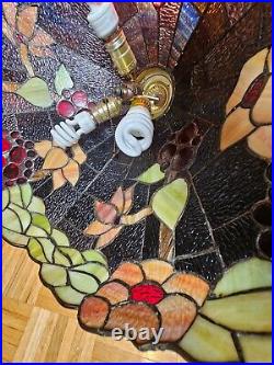 1920s Tiffany Style Slag Leaded Stained Glass Hanging Pendant Fruit Chandelier