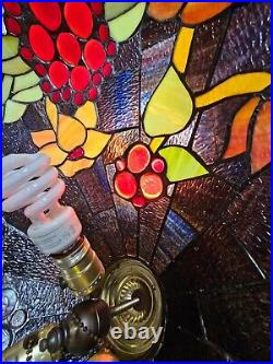 1920s Tiffany Style Slag Leaded Stained Glass Hanging Pendant Fruit Chandelier