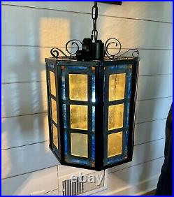1930's Arts & Crafts Chain Drop Iron & Leaded Glass Porch/Entryway Light Fixture