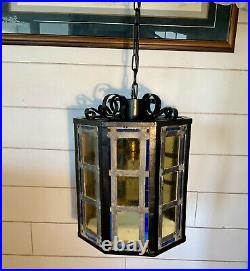 1930's Arts & Crafts Chain Drop Iron & Leaded Glass Porch/Entryway Light Fixture