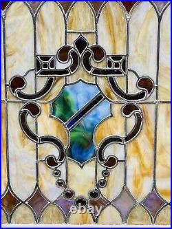 19th C Antique Victorian Multi Color Stained Glass Window Heraldry Design