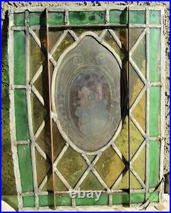 19th Century Architectural Salvage Stained Glass Window Kiln Fired Hand Painted
