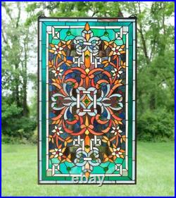 20 x 34 Flower Tiffany Style stained glass window panel Jeweled glass panel