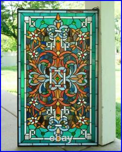 20 x 34 Flower Tiffany Style stained glass window panel Jeweled glass panel