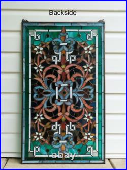 20 x 34 Flower Tiffany Style stained glass window panel Jeweled glass panel