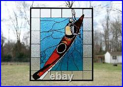 24W x 28H Handcrafted stained glass window panel boat canoe