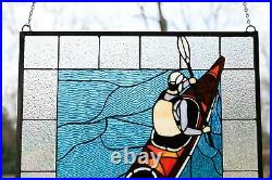 24W x 28H Handcrafted stained glass window panel boat canoe