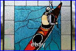 24W x 28H Handcrafted stained glass window panel boat canoe