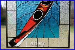 24W x 28H Handcrafted stained glass window panel boat canoe