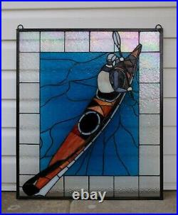 24W x 28H Handcrafted stained glass window panel boat canoe