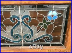 2 Antique 1890s Victorian Stained & Jeweled Leaded Glass Transom Windows 32 18