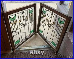 2 Antique 1920's Chicago Bungalow Style Stained Leaded Glass Windows 32 x 30