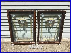 2 Antique 1920's Chicago Bungalow Style Stained Leaded Glass Windows 34 x 23