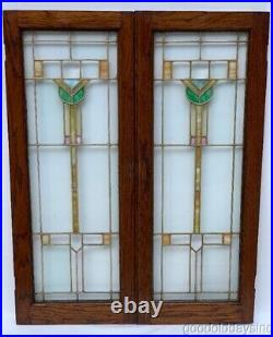 2 Antique Arts & Crafts Stained Leaded Glass Cabined Door / Window Circa 1910