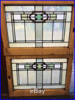2 Antique Arts & Crafts Stained Leaded Glass Transom Windows Circa 1910