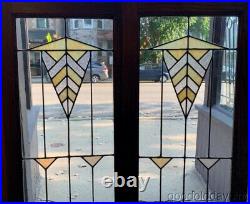 2 Antique Chicago Arts Crafts Stained Leaded Glass Oak Cabinet Door Window