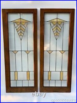 2 Antique Chicago Arts Crafts Stained Leaded Glass Oak Cabinet Door Window