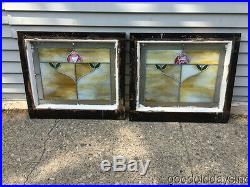 2 Antique Chicago Bungalow Style Stained Leaded Hammered Glass Window Craftsman