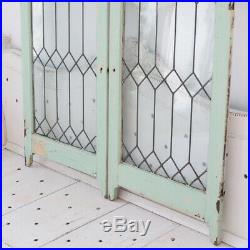 2 Antique Leaded Glass Ornate Wood Cabinet Pantry Doors Windows Shabby Green