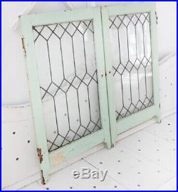 2 Antique Leaded Glass Ornate Wood Cabinet Pantry Doors Windows Shabby Green
