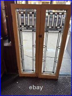 2 Antique Prairie Style Stained Leaded Glass Doors / Windows 45 x 14