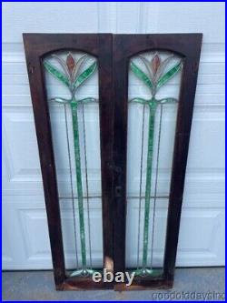 2 Antique Stained Leaded Glass Cabinet Doors / Window Circa 1900 50 x 12