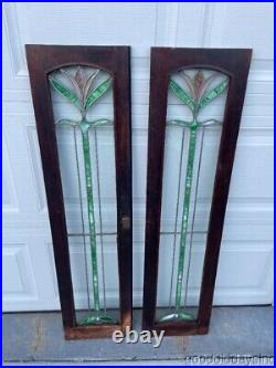 2 Antique Stained Leaded Glass Cabinet Doors / Window Circa 1900 50 x 12