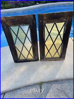 2 Antique Stained Leaded Glass Church Cathedral Gothic Windows Wood Frame 12x21