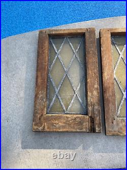 2 Antique Stained Leaded Glass Church Cathedral Gothic Windows Wood Frame 12x21