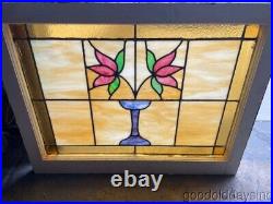 2 Antique Stained Leaded Glass Windows 2 Flower Chicago Bungalow Style 32x25