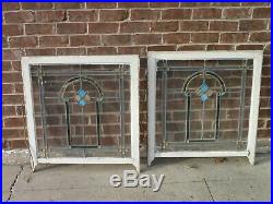 2 Set Antique 1920's Chicago Bungalow Stained Leaded Glass Windows 32 x 30 Pair
