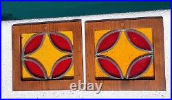 2 Small Vintage Pair Stained Leaded Glass Wood Frame Window Lot 10.75 x 10