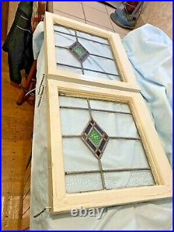 (2) Vtg Stained Glass Windows Leaded Architectural Salvage Primitive Framed