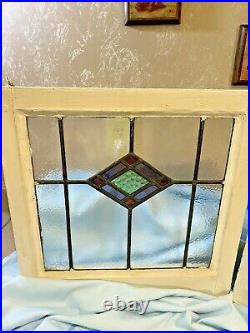 (2) Vtg Stained Glass Windows Leaded Architectural Salvage Primitive Framed