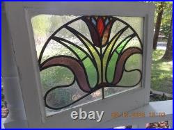 331A Beautiful English Tulip Leaded Stain-Glass Window 21 X 18 1/4 0 S&H Added