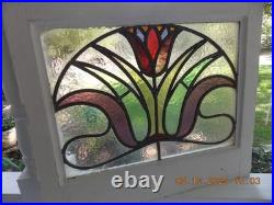 331A Beautiful English Tulip Leaded Stain-Glass Window 21 X 18 1/4 0 S&H Added