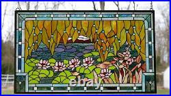 34.5 x 20.5 Jeweled Handcrafted stained glass window panel waterlily pond