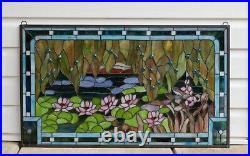 34.5 x 20.5 Jeweled Handcrafted stained glass window panel waterlily pond