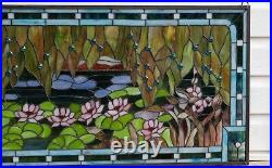 34.5 x 20.5 Jeweled Handcrafted stained glass window panel waterlily pond