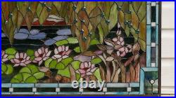 34.5 x 20.5 Jeweled Handcrafted stained glass window panel waterlily pond