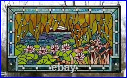 34.5 x 20.5 Jeweled Handcrafted stained glass window panel waterlily pond